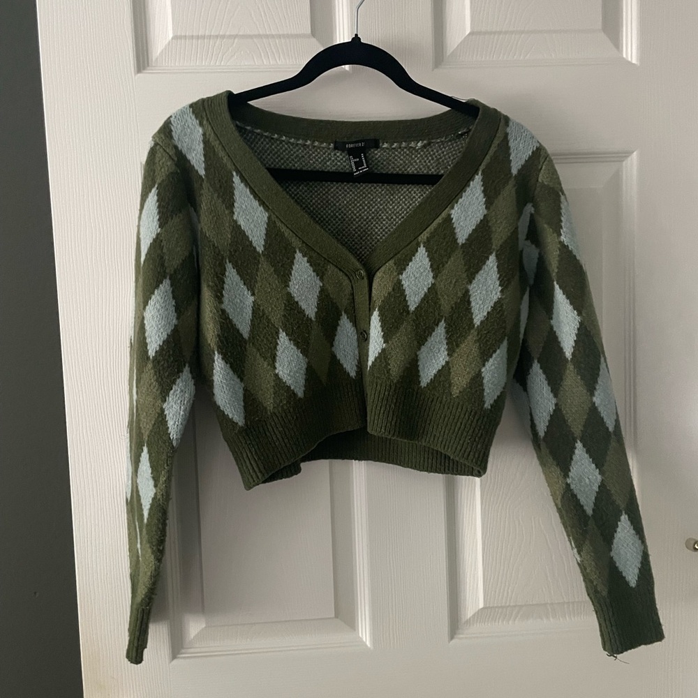 Forever 21 Green Argyle Cropped Cardigan